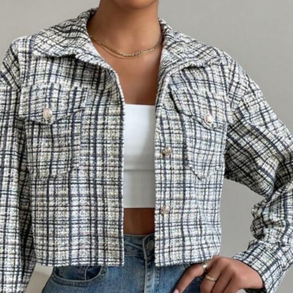 Unity Plaid Pattern Flap Pocket Drop Shoulder Cro… - image 2